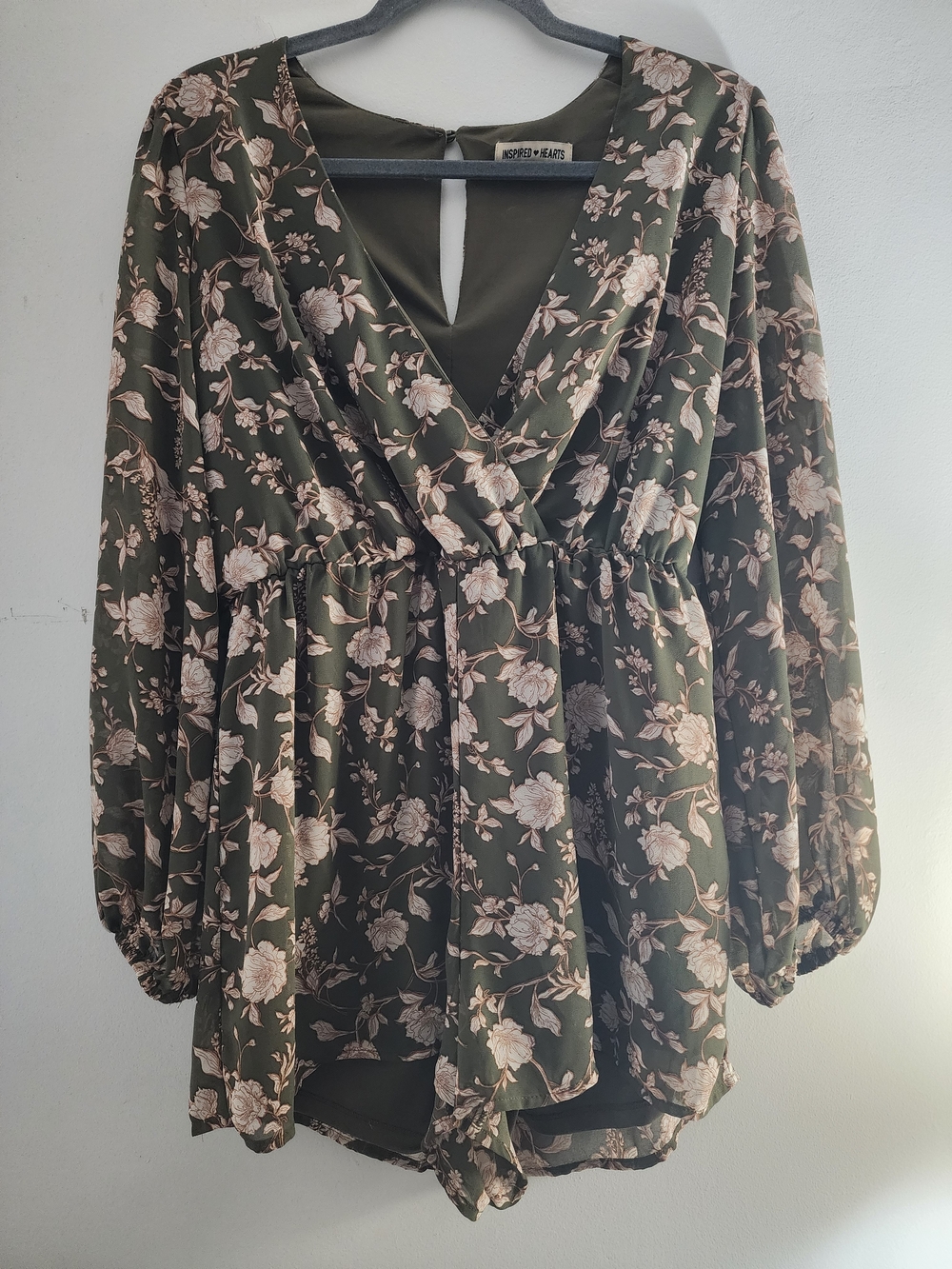 Olive Floral Wrap Women’s Romper - Olive with Blush Floral